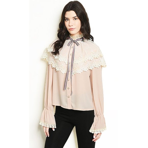 Victorian Crochet Lace Ribbon Bumblebee Pin Blouse - Picture 2 of 8